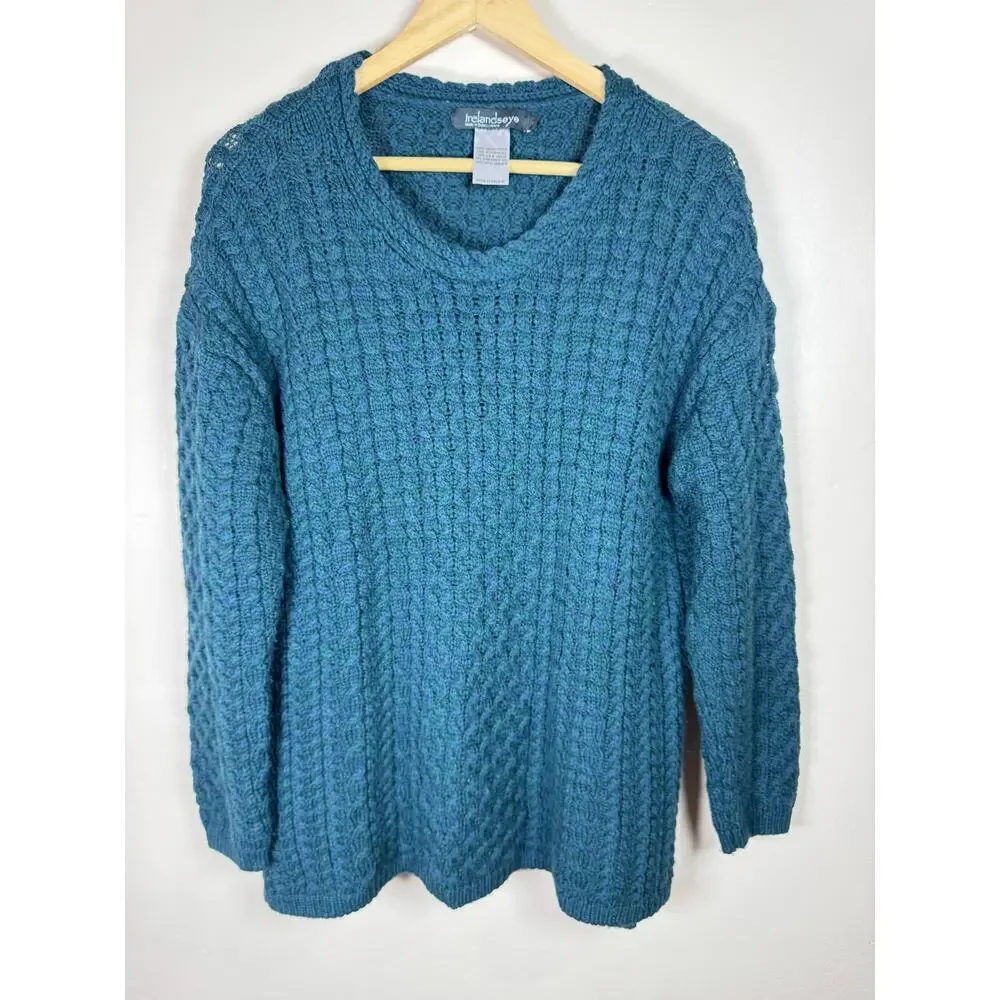 Irelandseye Women’s Knit Sweater 100% Virgin Wool Made in Ireland Blue Large